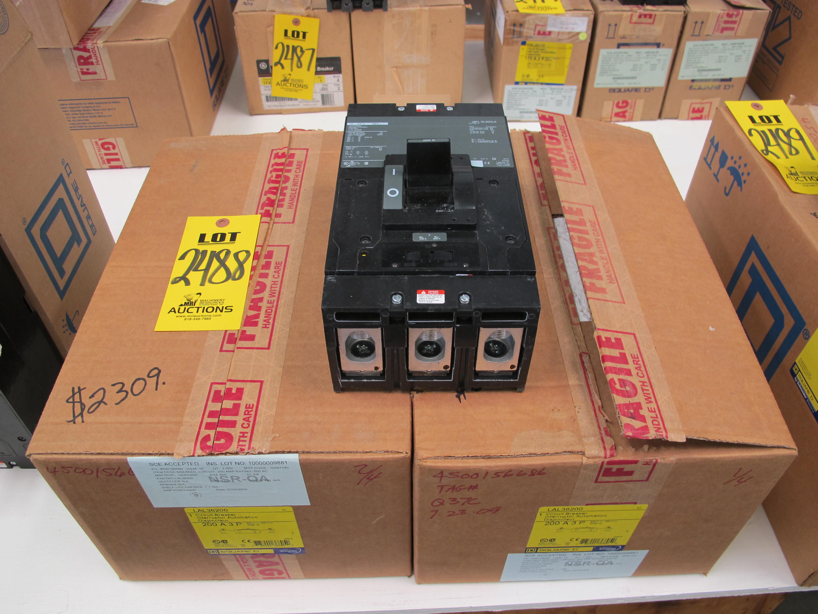 LOT (3) BREAKERS, CIRCUIT TYPE, 200 AMP RATING, 600 AC, 250 DC VOLT RATING, 3 POLE, THERMAL-MAGNETIC KIND. MOLDED CASE, ADJUSTABLE INSTANTANEOUS TRIP, 22KA INTERRUPT CURRENT AT 600VAC, PART # LAL36200 (W-44) LOADING & HANDLING FEE $5-